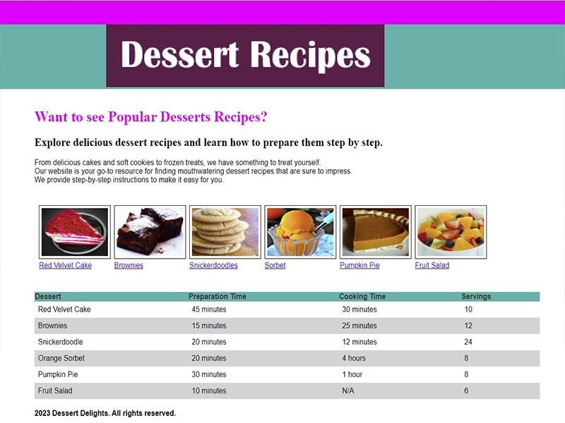 Dessert Recipes Website